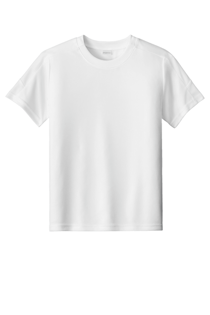 White custom youth soccer jersey by Sport-Tek with space for name, number, and team logo print, designed for young players.