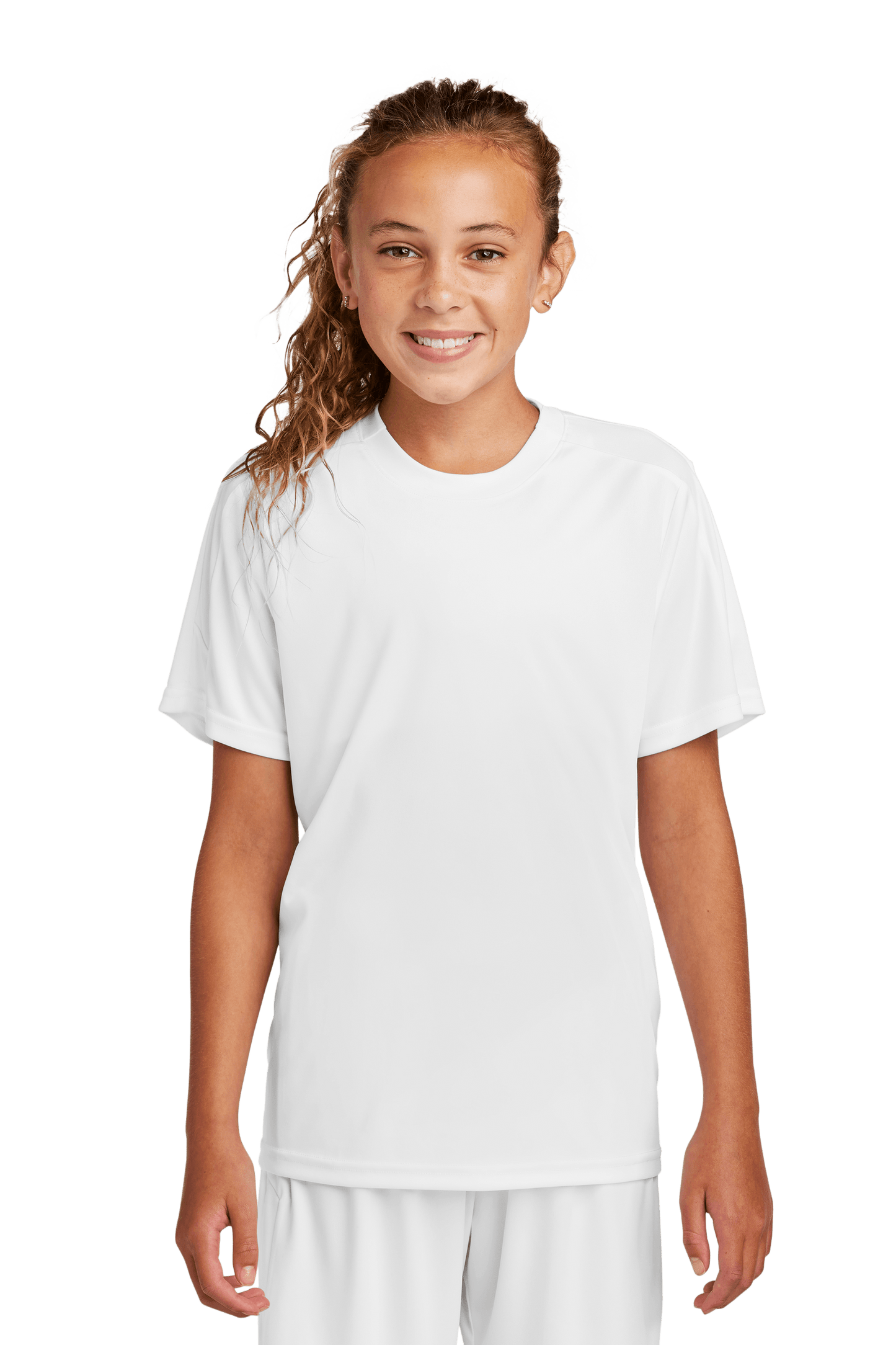 White custom youth soccer jersey by Sport-Tek with team logo, name, and number print, front view featuring a female model.