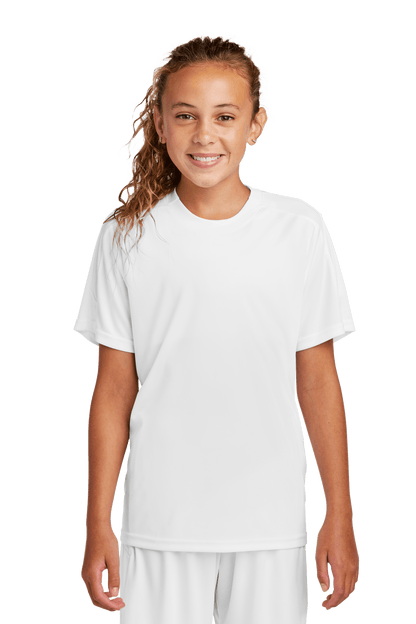 White custom youth soccer jersey by Sport-Tek with team logo, name, and number print, front view featuring a female model.