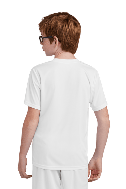 White custom youth soccer jersey by Sport-Tek featuring space for name, number, and team logo on the back.
