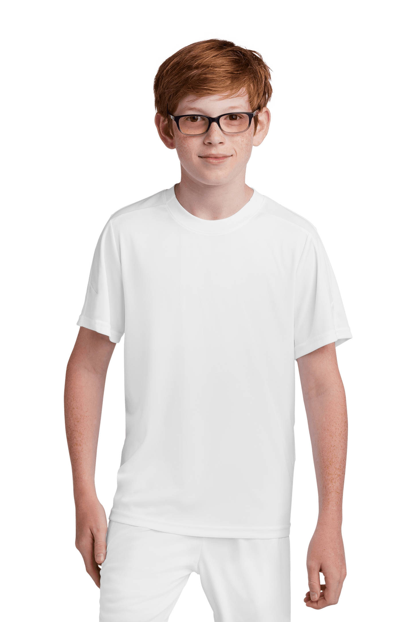 White Sport-Tek youth soccer jersey with customizable name, number, and team logo, front view showing details and design.