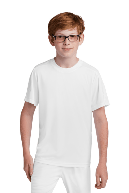 White Sport-Tek youth soccer jersey with customizable name, number, and team logo, front view showing details and design.
