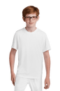 White Sport-Tek youth soccer jersey with customizable name, number, and team logo, front view showing details and design.