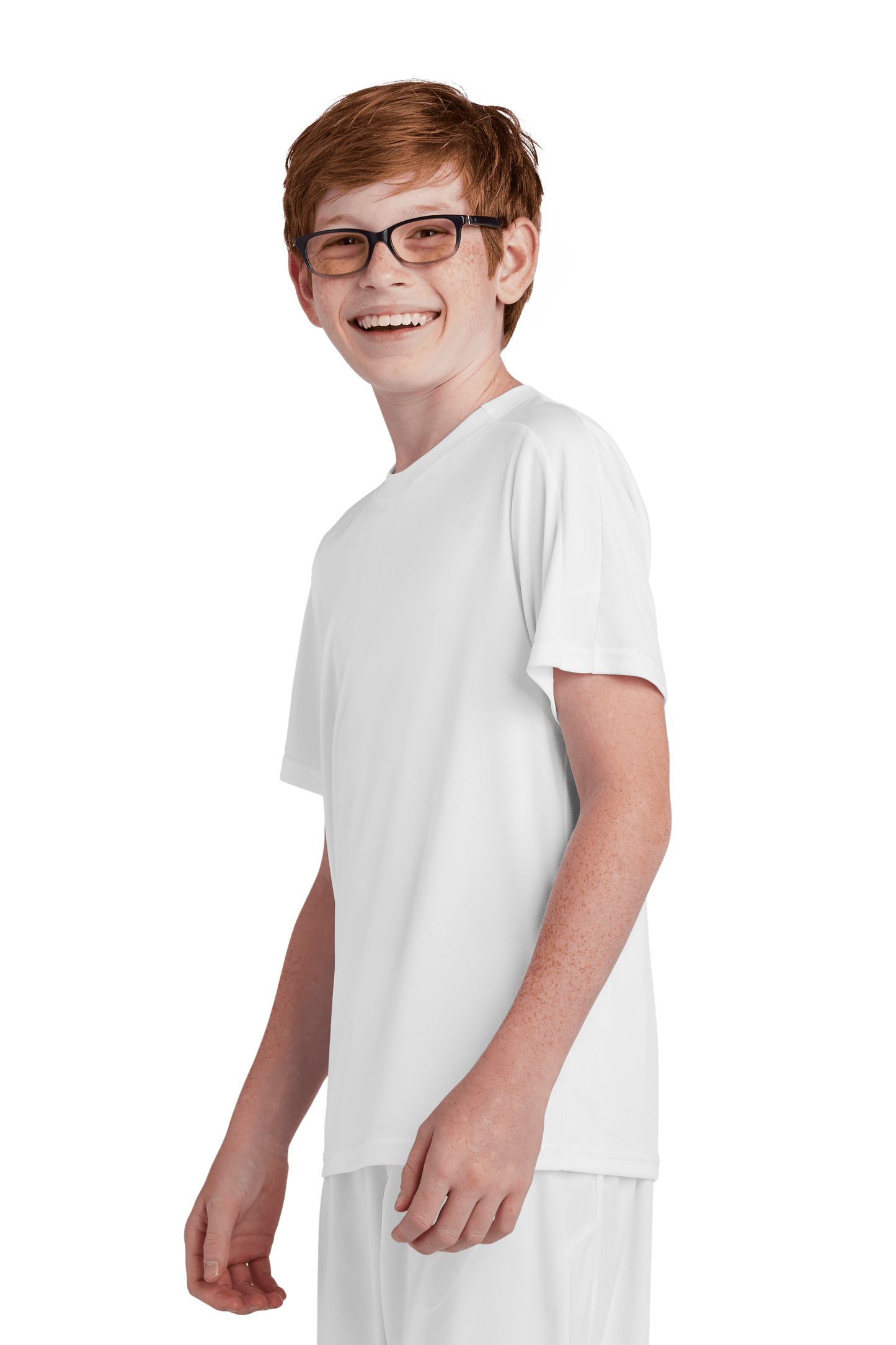 White custom youth soccer jersey by Sport-Tek with space for name, number, and team logo, shown from side view.