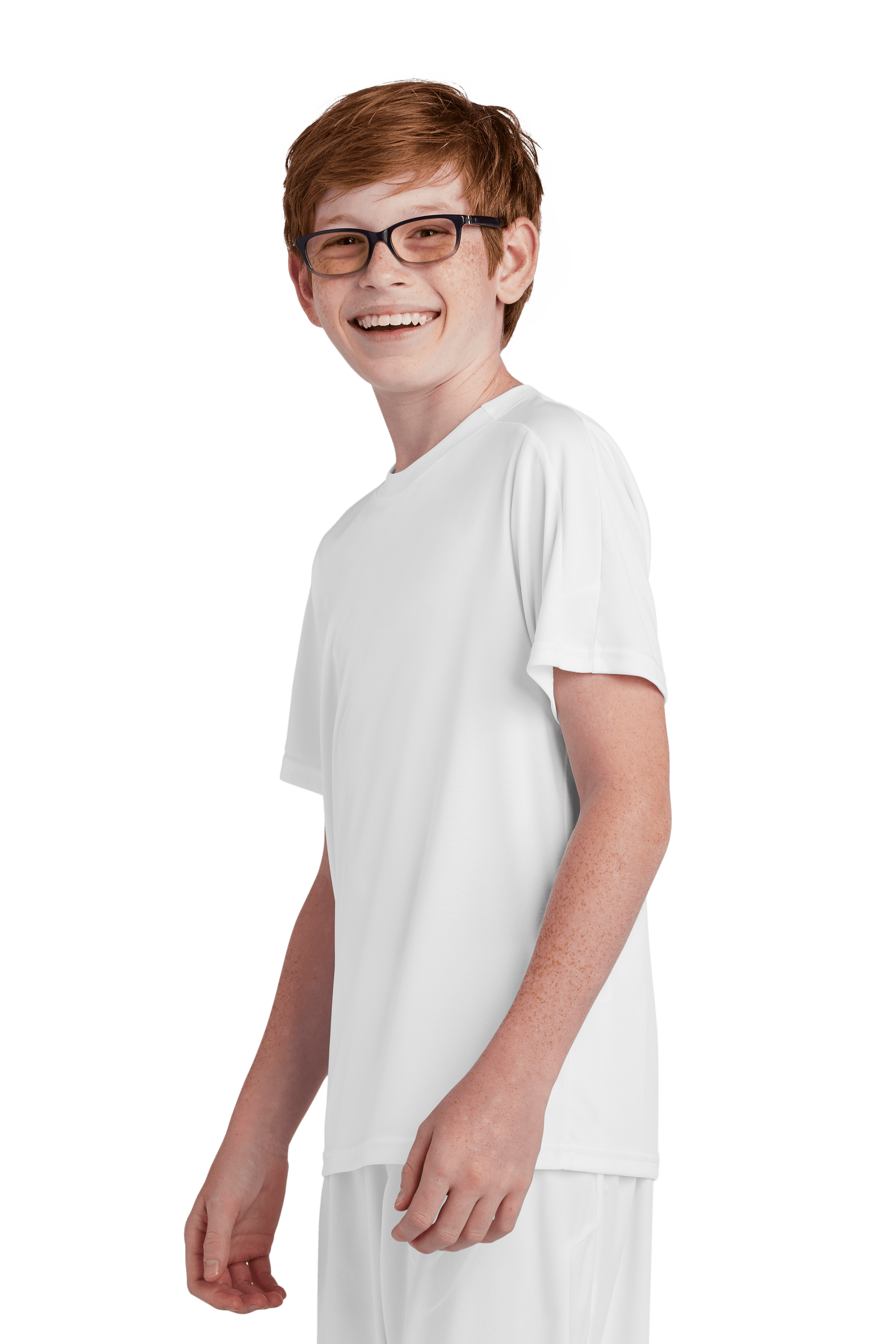 White custom youth soccer jersey by Sport-Tek with space for name, number, and team logo, shown from side view.