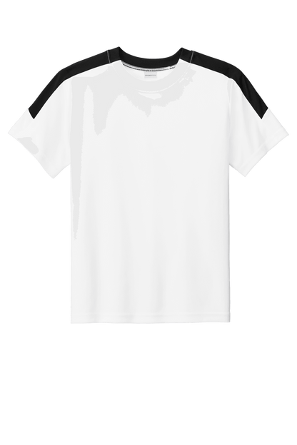 White and black custom youth soccer jersey by Sport-Tek with space for name, number, and team logo print.