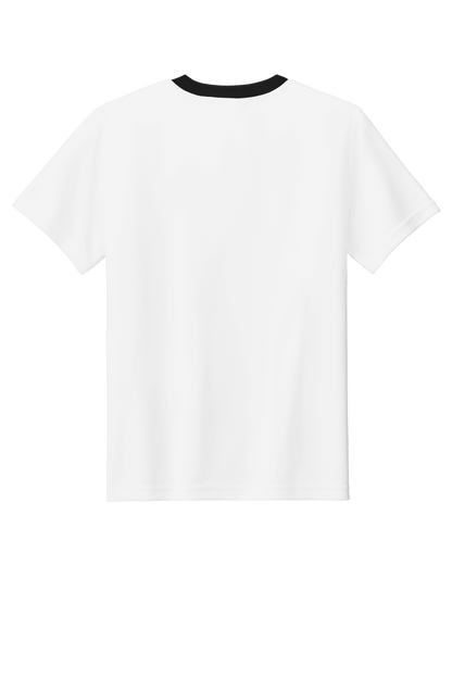 White and black custom youth soccer jersey by Sport-Tek with space for name, number, and team logo on the front.