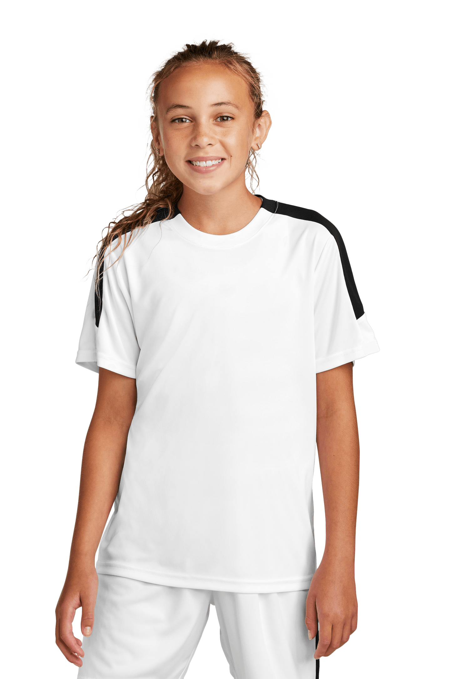 White and black custom youth soccer jersey by Sport-Tek with space for name, number, and team logo, shown from the front.