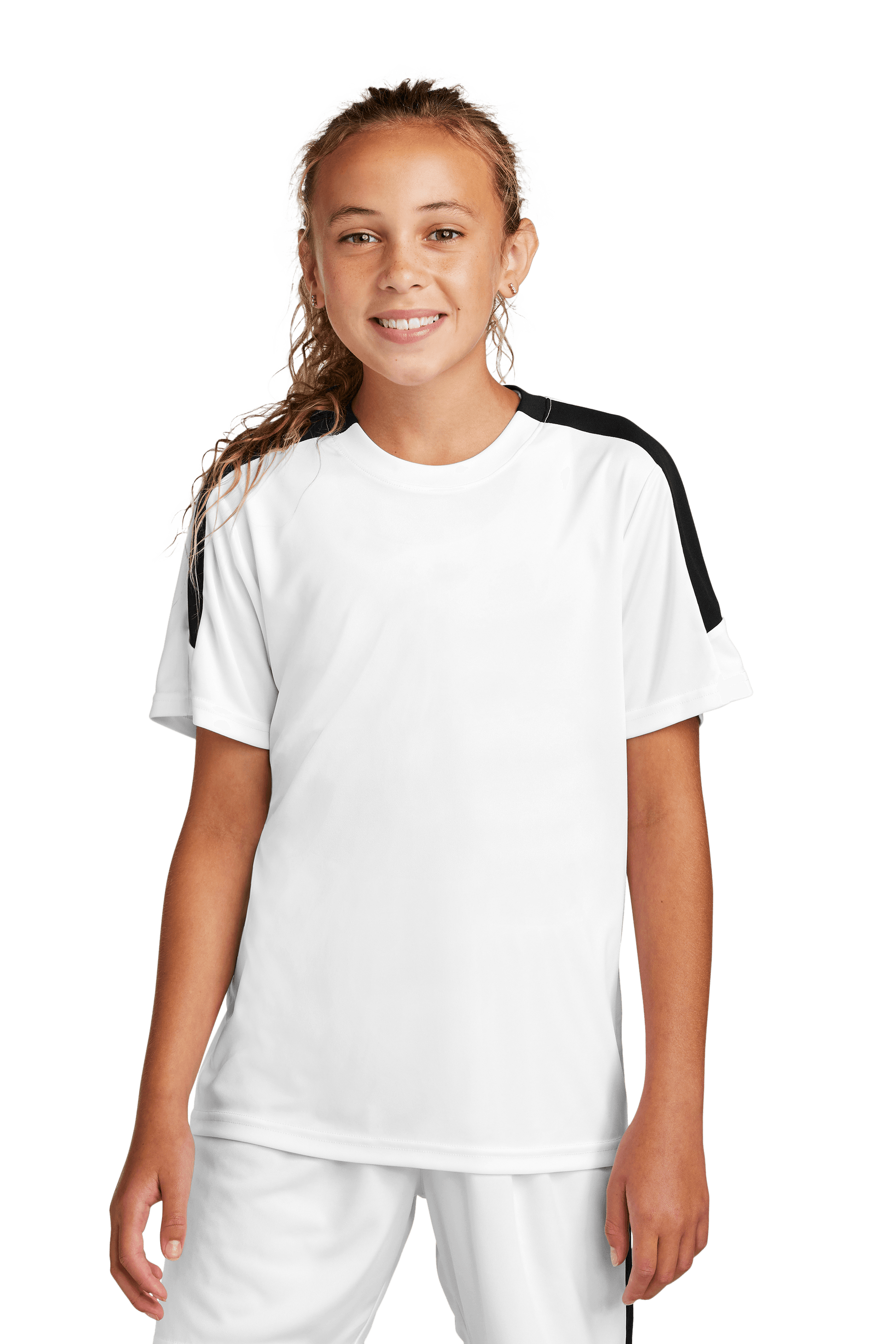 White and black custom youth soccer jersey by Sport-Tek with space for name, number, and team logo, shown from the front.