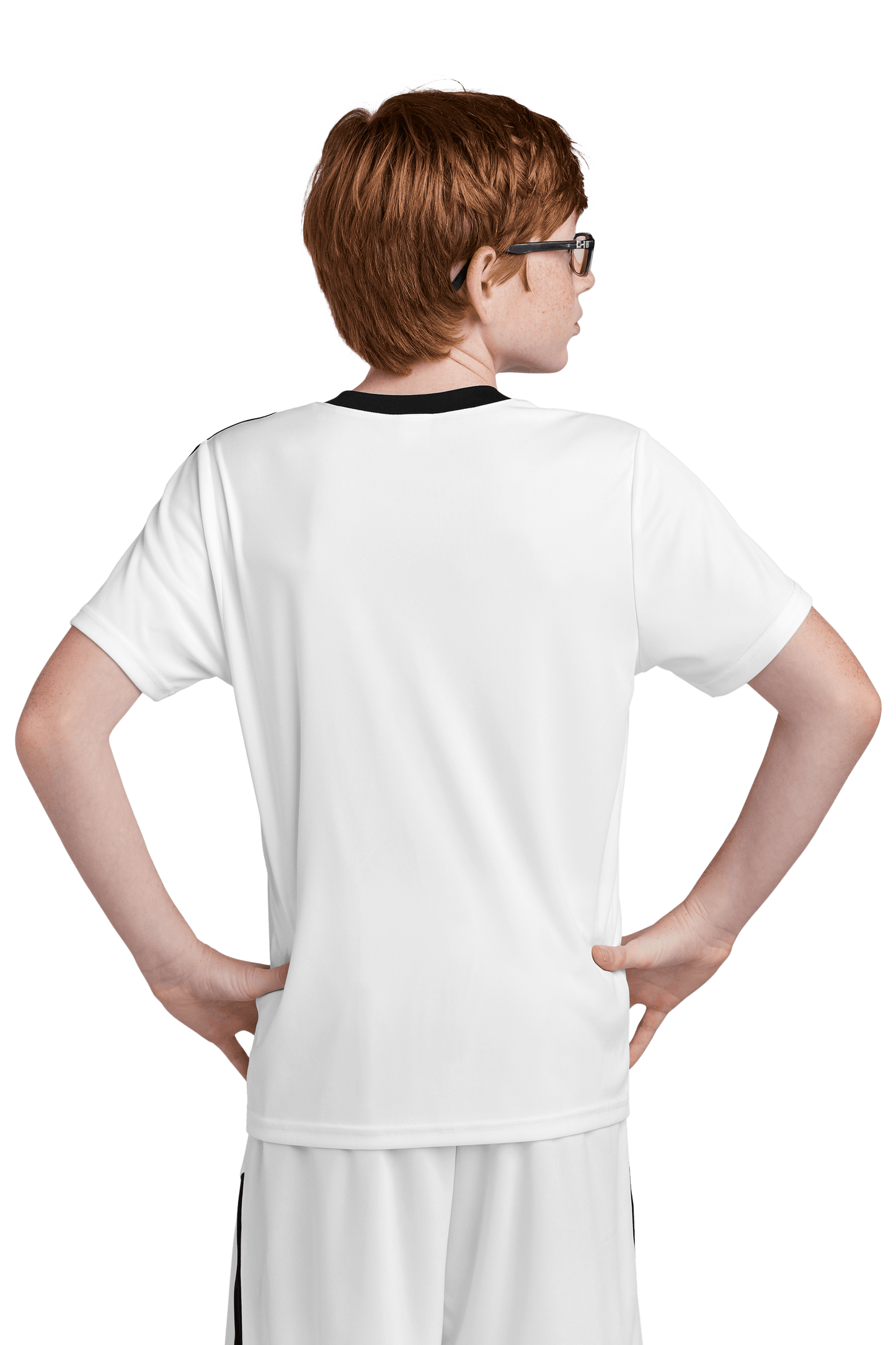White and black custom youth soccer jersey by Sport-Tek with team logo, name, and number printed on the back.