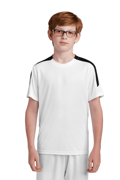 White and black custom youth soccer jersey by Sport-Tek with space for name, number, and team logo on the front.