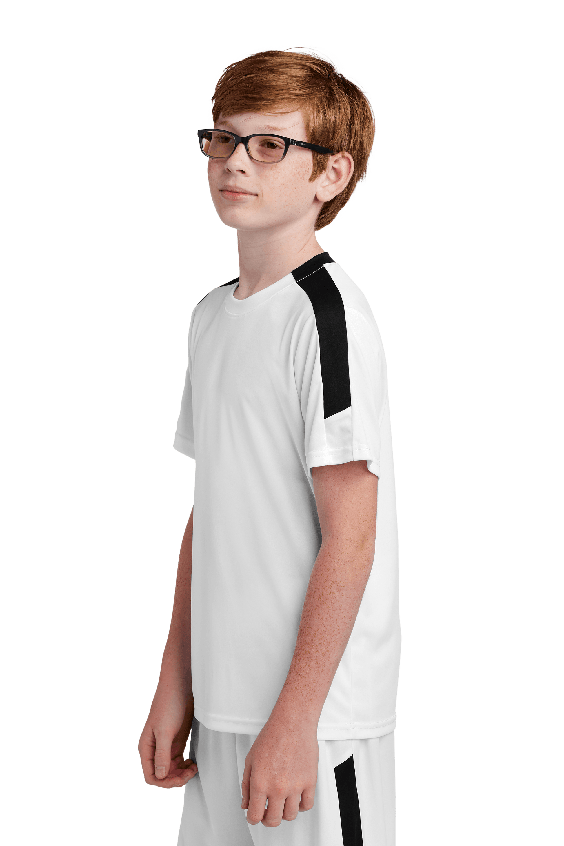 White and black custom youth soccer jersey by Sport-Tek with team logo, name, and number print, shown from the side view.