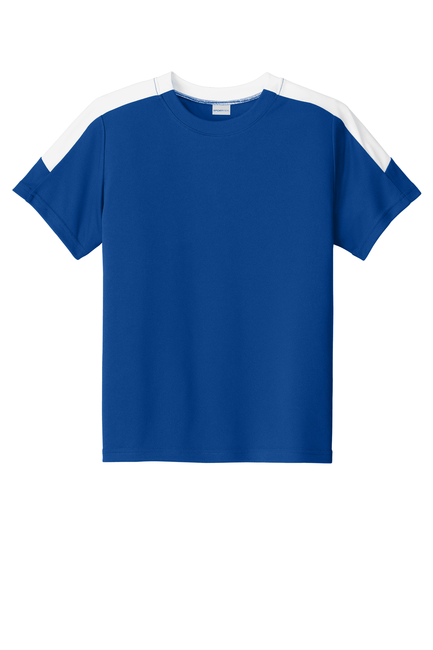 Blue and white custom youth soccer jersey by Sport-Tek with space for name, number, and team logo printed on the front.