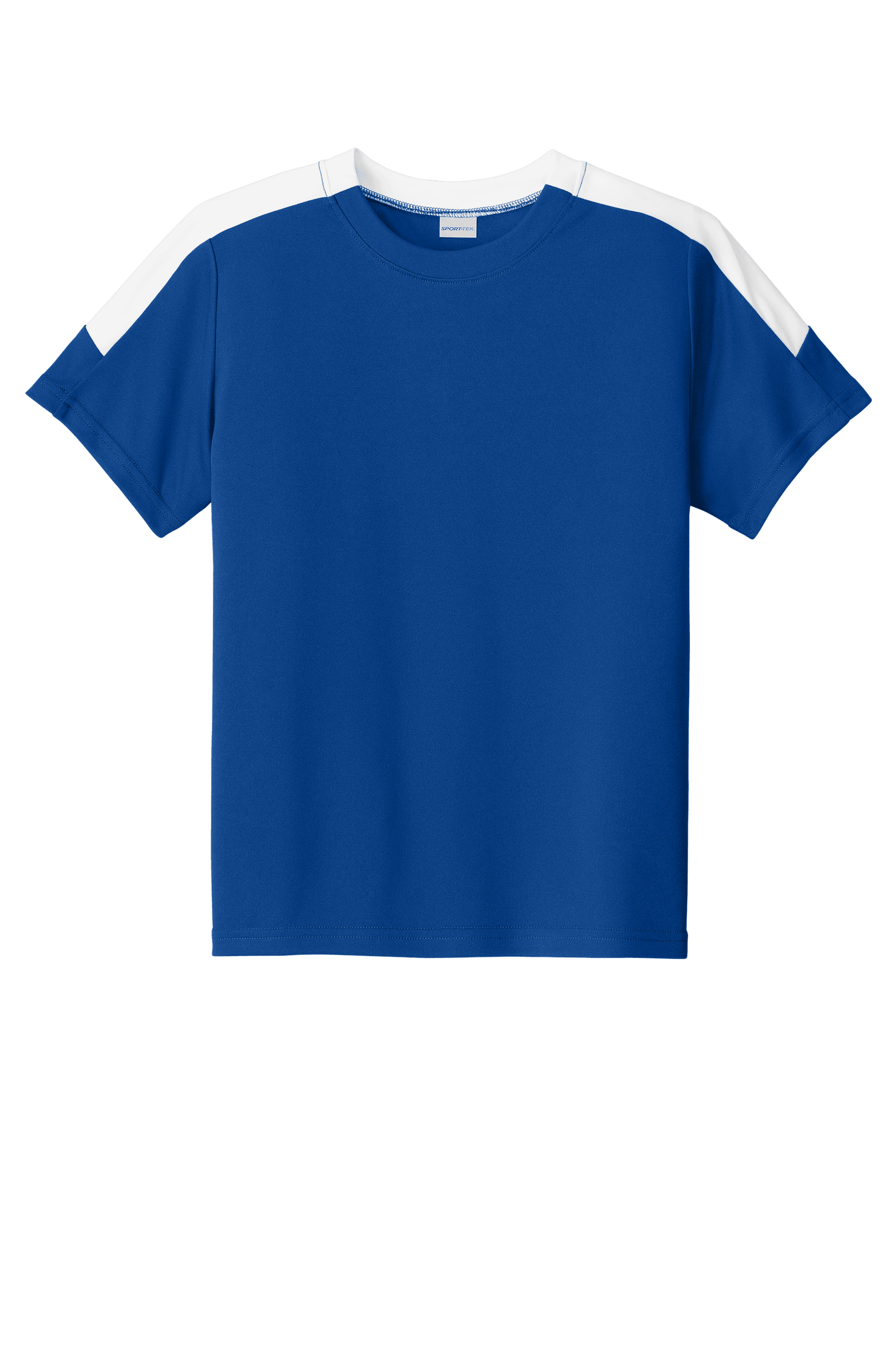 Blue and white custom youth soccer jersey by Sport-Tek with space for name, number, and team logo printed on the front.