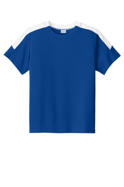 Blue and white custom youth soccer jersey by Sport-Tek with space for name, number, and team logo printed on the front.