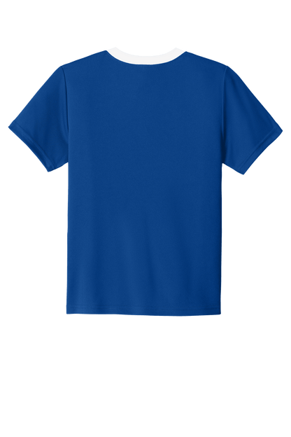 Blue and white custom youth soccer jersey by Sport-Tek with space for name, number, and team logo on the front and back.
