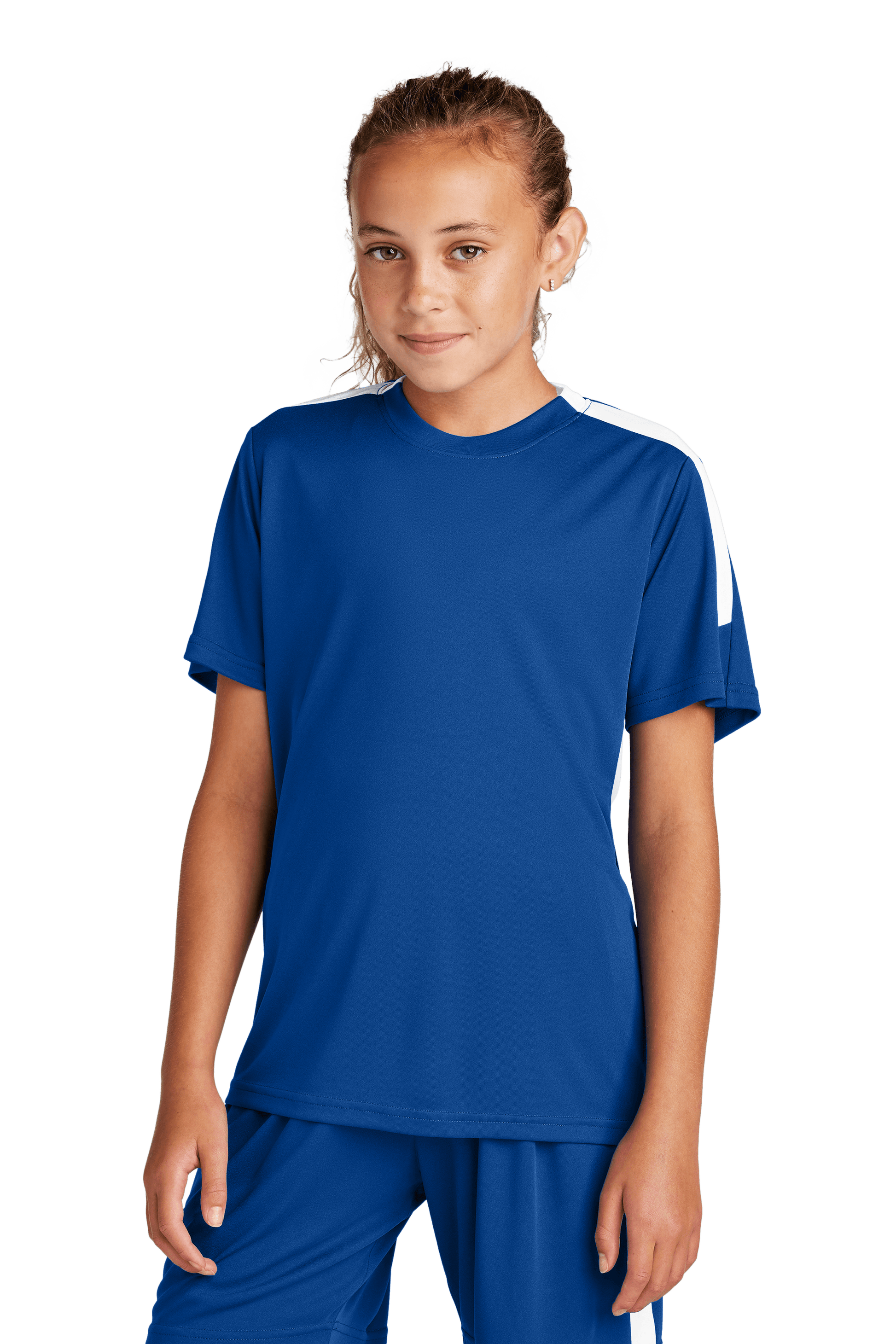 Blue and white custom youth soccer jersey by Sport-Tek with space for name, number, and team logo on the front.