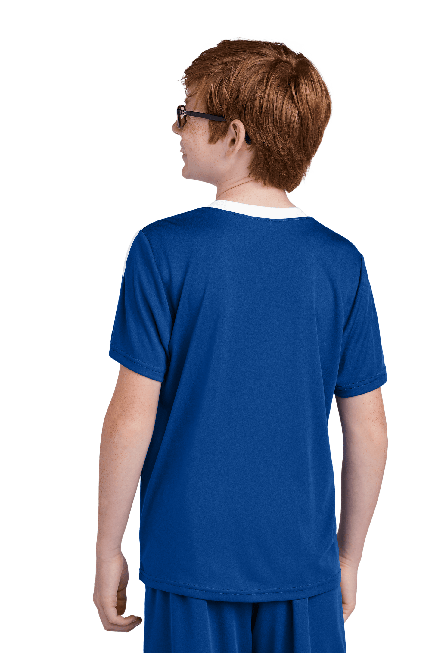 Blue custom youth soccer jersey by Sport-Tek with white accents, featuring space for name, number, and team logo on the back.