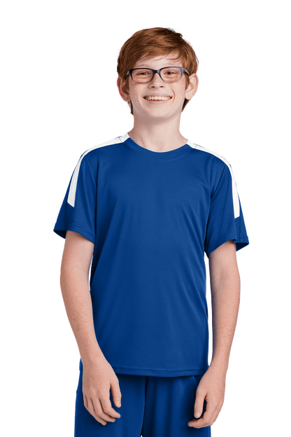 Blue custom youth soccer jersey by Sport-Tek with white accents, featuring space for name, number, and team logo on the front.
