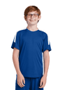 Blue custom youth soccer jersey by Sport-Tek with white accents, featuring space for name, number, and team logo on the front.