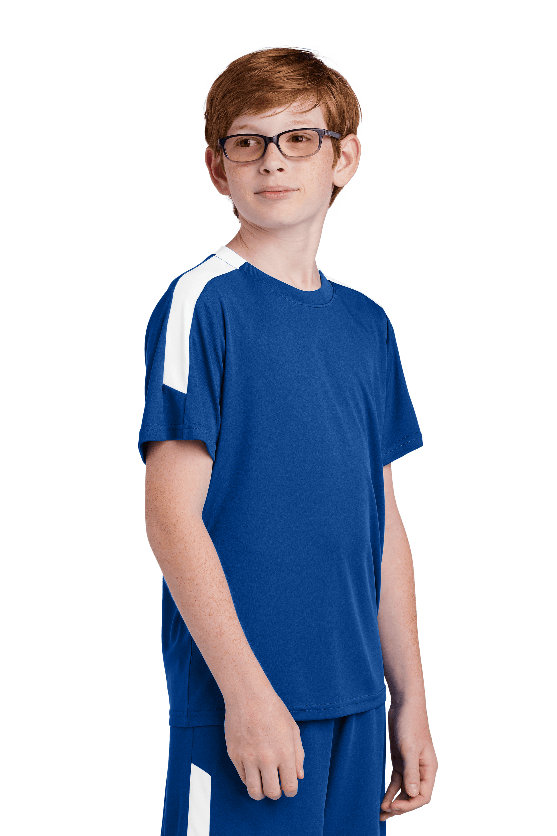 Blue and white custom youth soccer jersey by Sport-Tek with space for name, number, and team logo, shown from a side view.