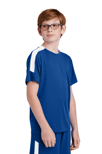 Blue and white custom youth soccer jersey by Sport-Tek with space for name, number, and team logo, shown from a side view.