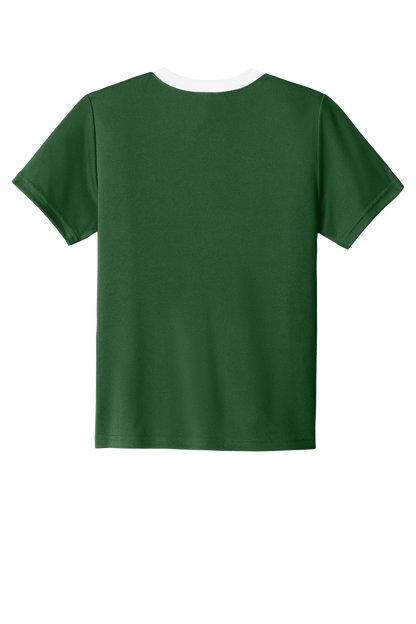 Forest green and white custom youth soccer jersey by Sport-Tek with space for name, number, and team logo on the front.