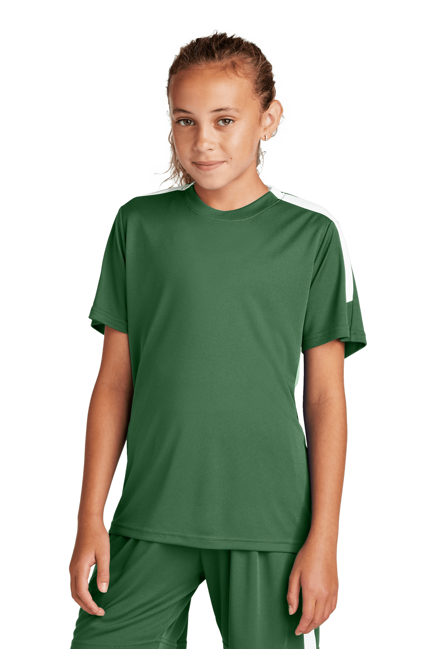 Front view of a custom youth soccer jersey by Sport-Tek in forest green and white with space for name, number, and team logo.