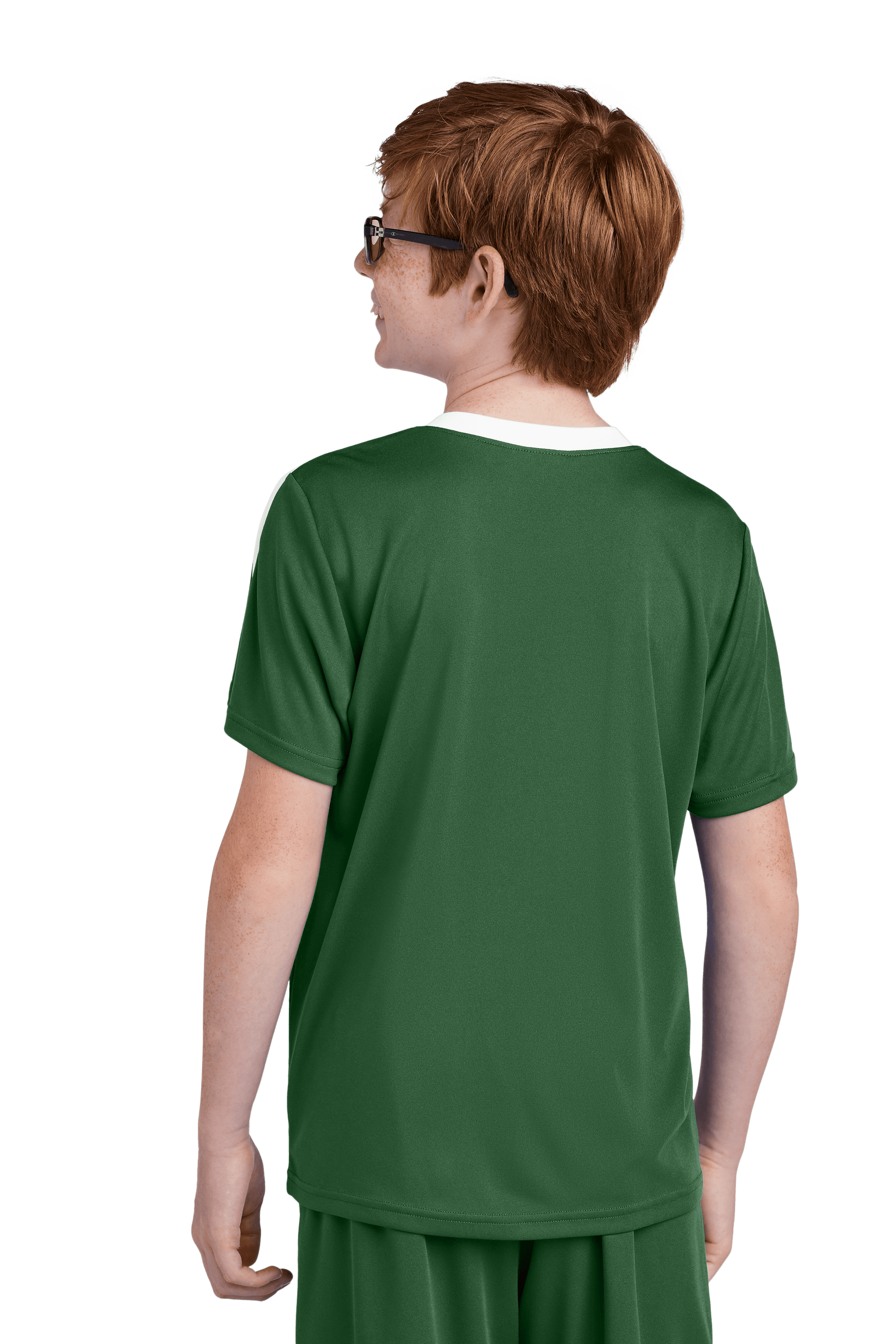 Forest green Sport-Tek youth soccer jersey with white accents, customizable with name, number, and team logo on the back.