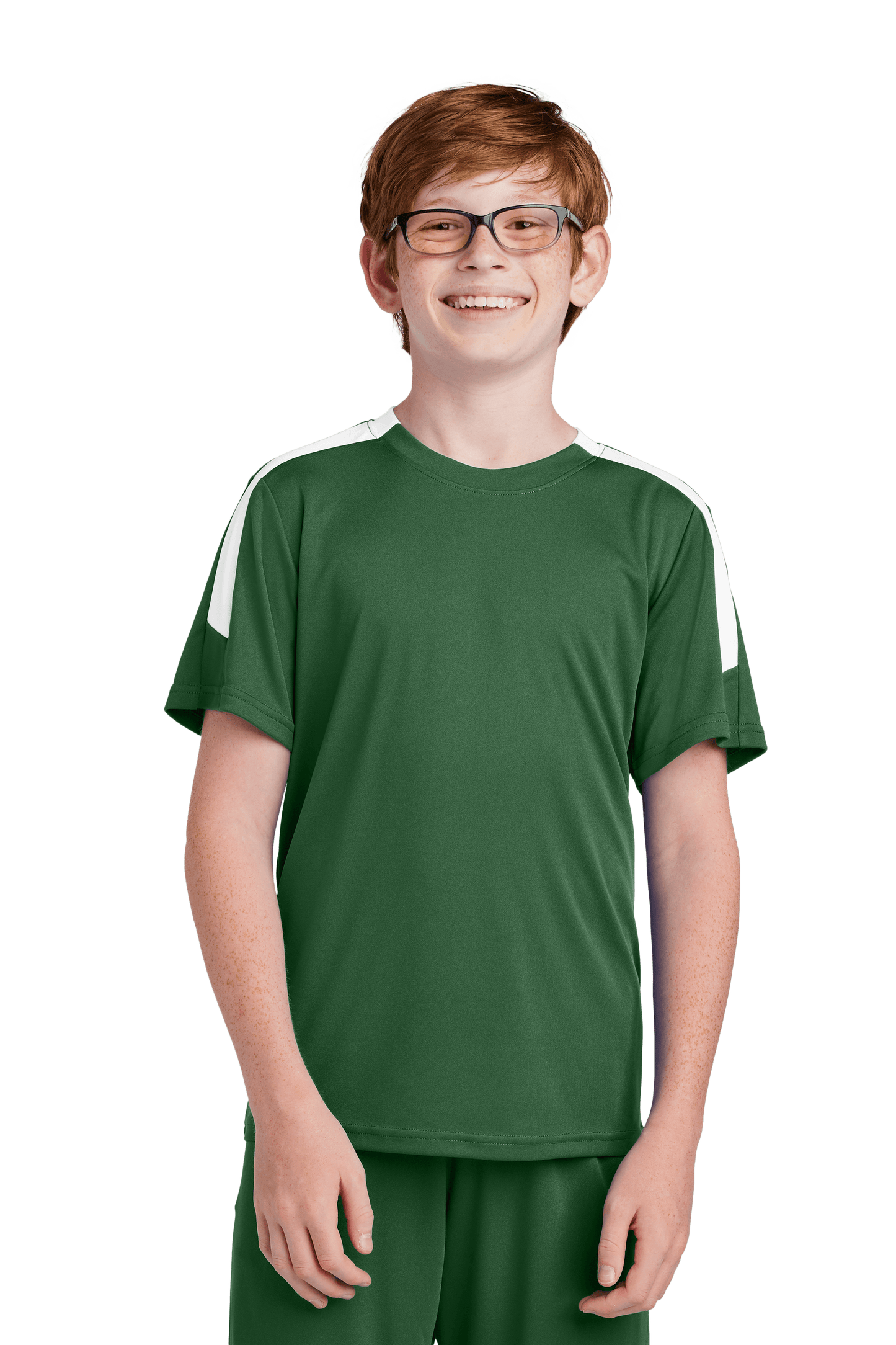 Forest green and white custom youth soccer jersey by Sport-Tek with space for name, number, and team logo on the front.