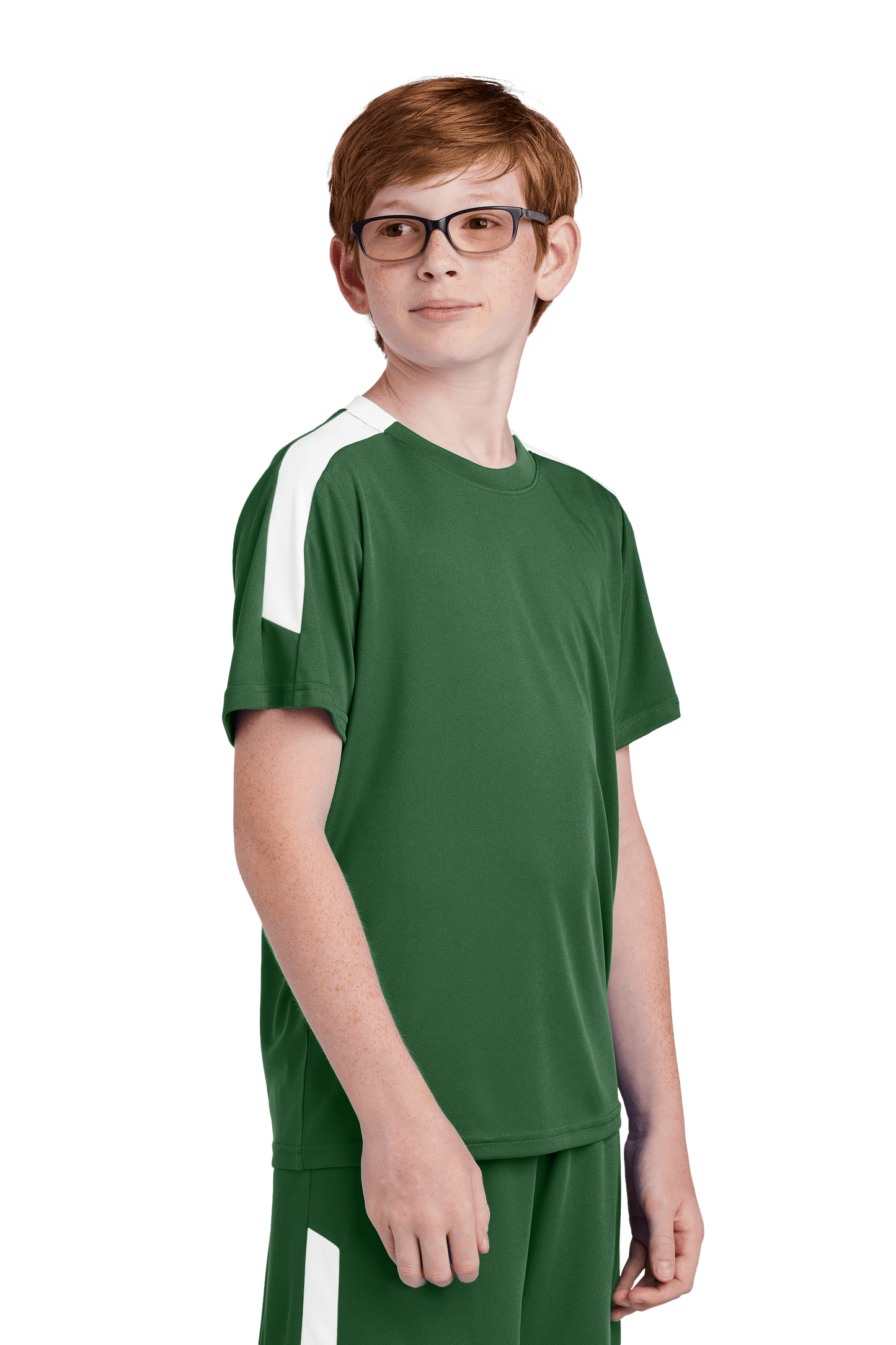 Forest green and white custom youth soccer jersey by Sport-Tek featuring space for name, number, and team logo.