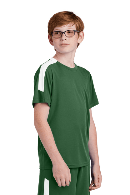 Forest green and white custom youth soccer jersey by Sport-Tek featuring space for name, number, and team logo.