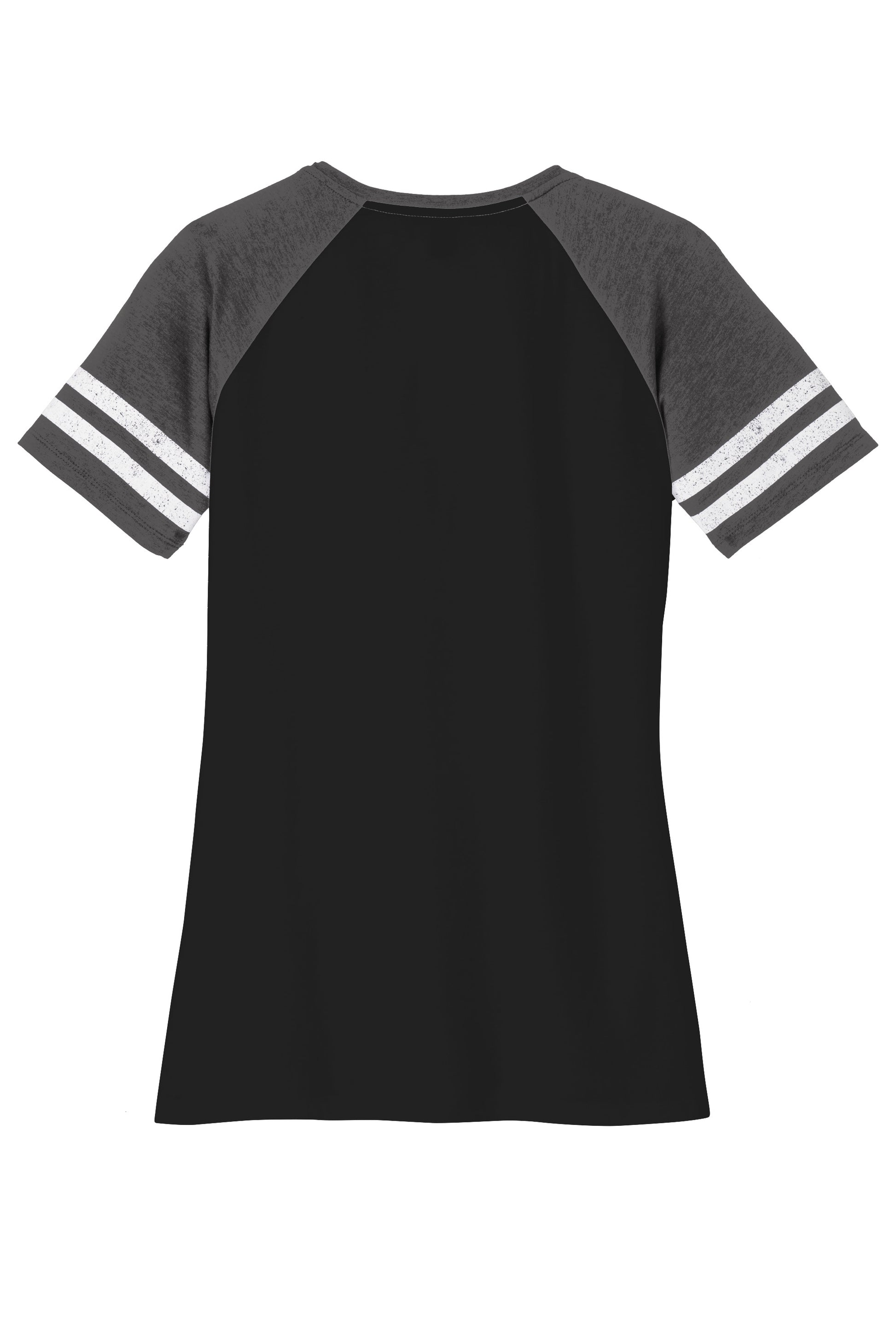 Black District Women’s Game V-Neck Tee by Print-View, shown flat with back view and charcoal color.