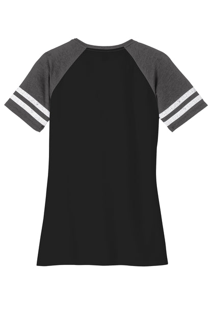Black District Women’s Game V-Neck Tee by Print-View, shown flat with back view and charcoal color.