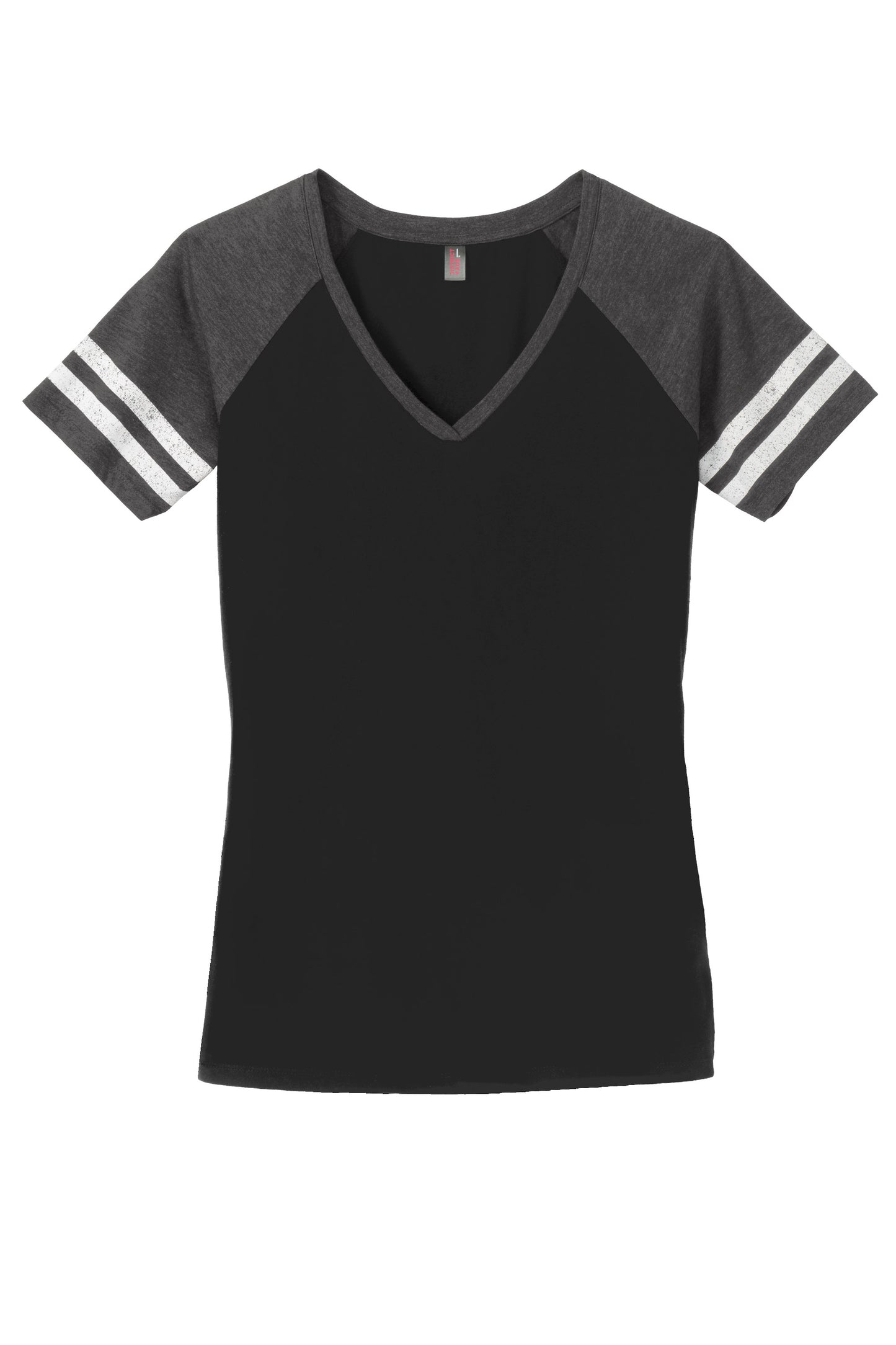 Black District Women’s Game V-Neck Tee by Print-View, flat front view showing soft fabric and V-neck design.