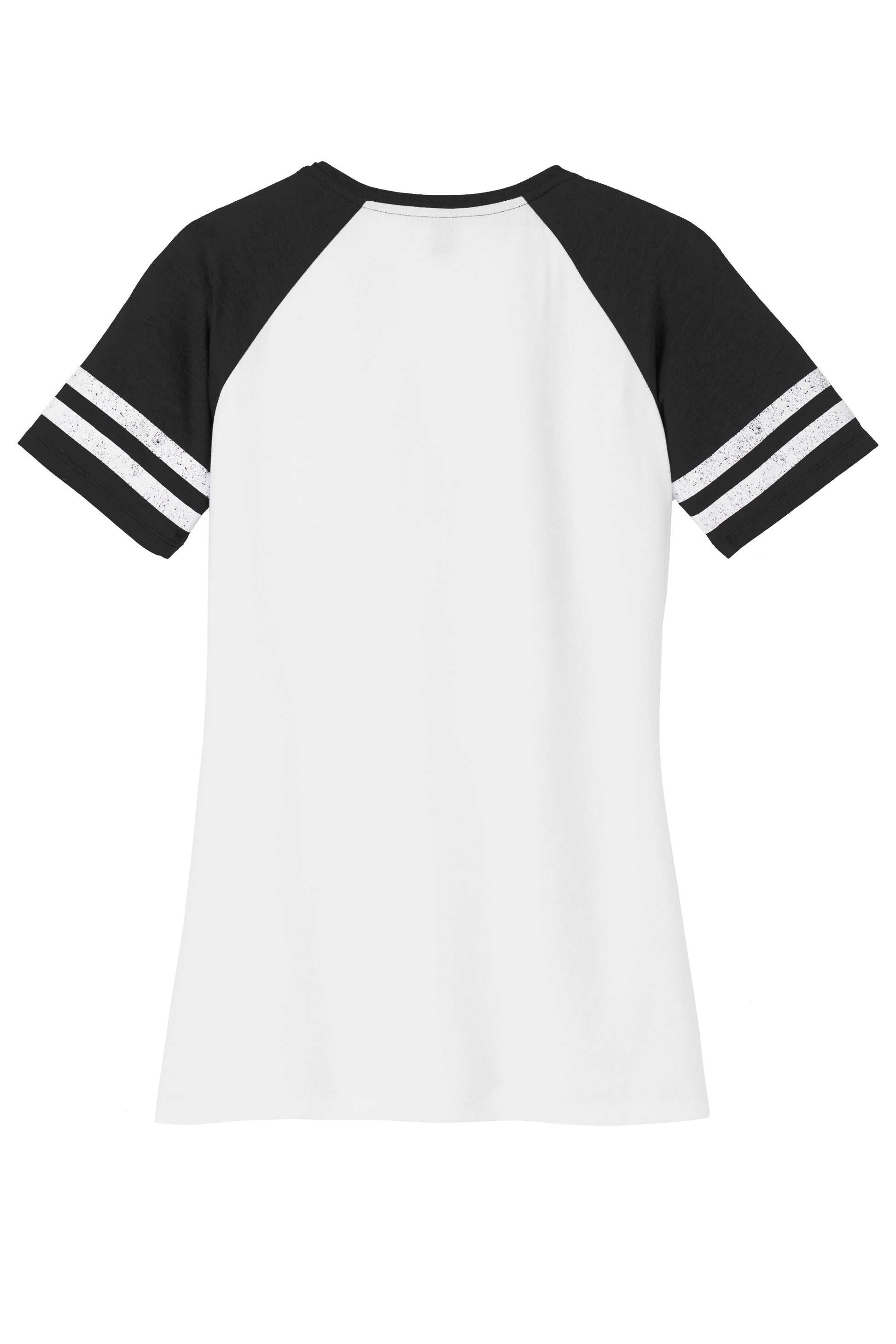 White and black District Women’s Game V-Neck Tee with a flat back, featuring the brand Print-View logo on the front.