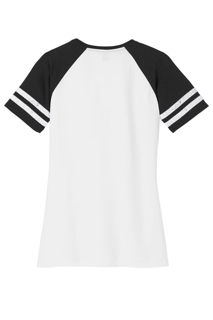 White and black District Women’s Game V-Neck Tee with a flat back, featuring the brand Print-View logo on the front.