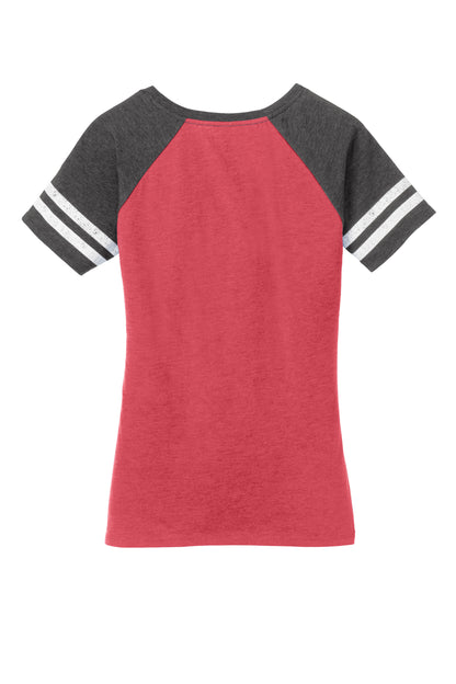 District Women’s Game V-Neck Tee by Print-View, showing a charcoal-colored women's V-neck T-shirt with a flat back design.