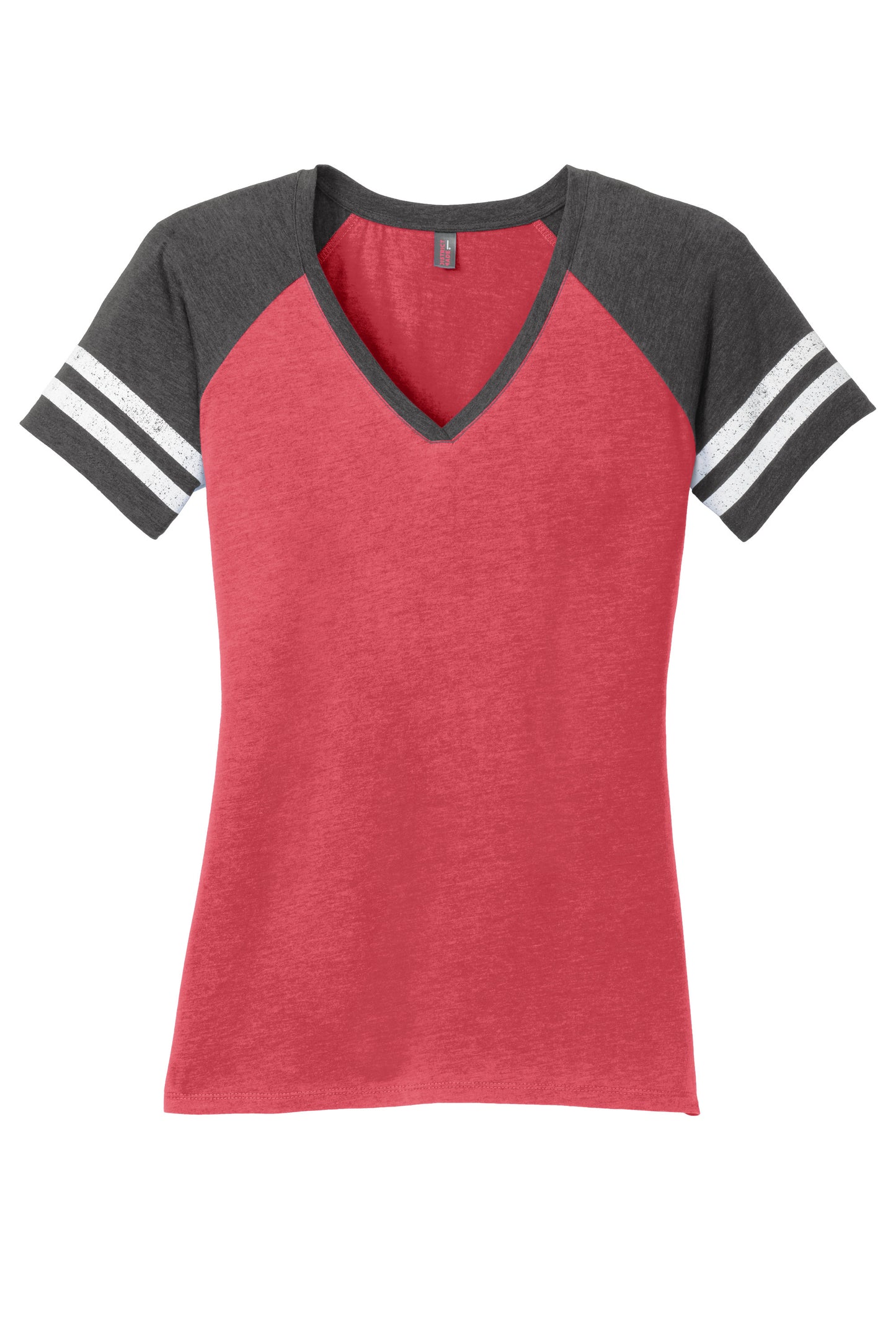District Women’s Game V-Neck Tee by Print-View, charcoal color, flat front view showing soft cotton fabric and V-neck design.