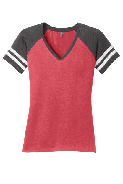 District Women’s Game V-Neck Tee by Print-View, charcoal color, flat front view showing soft cotton fabric and V-neck design.