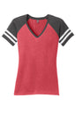 District Women’s Game V-Neck Tee by Print-View, charcoal color, flat front view showing soft cotton fabric and V-neck design.