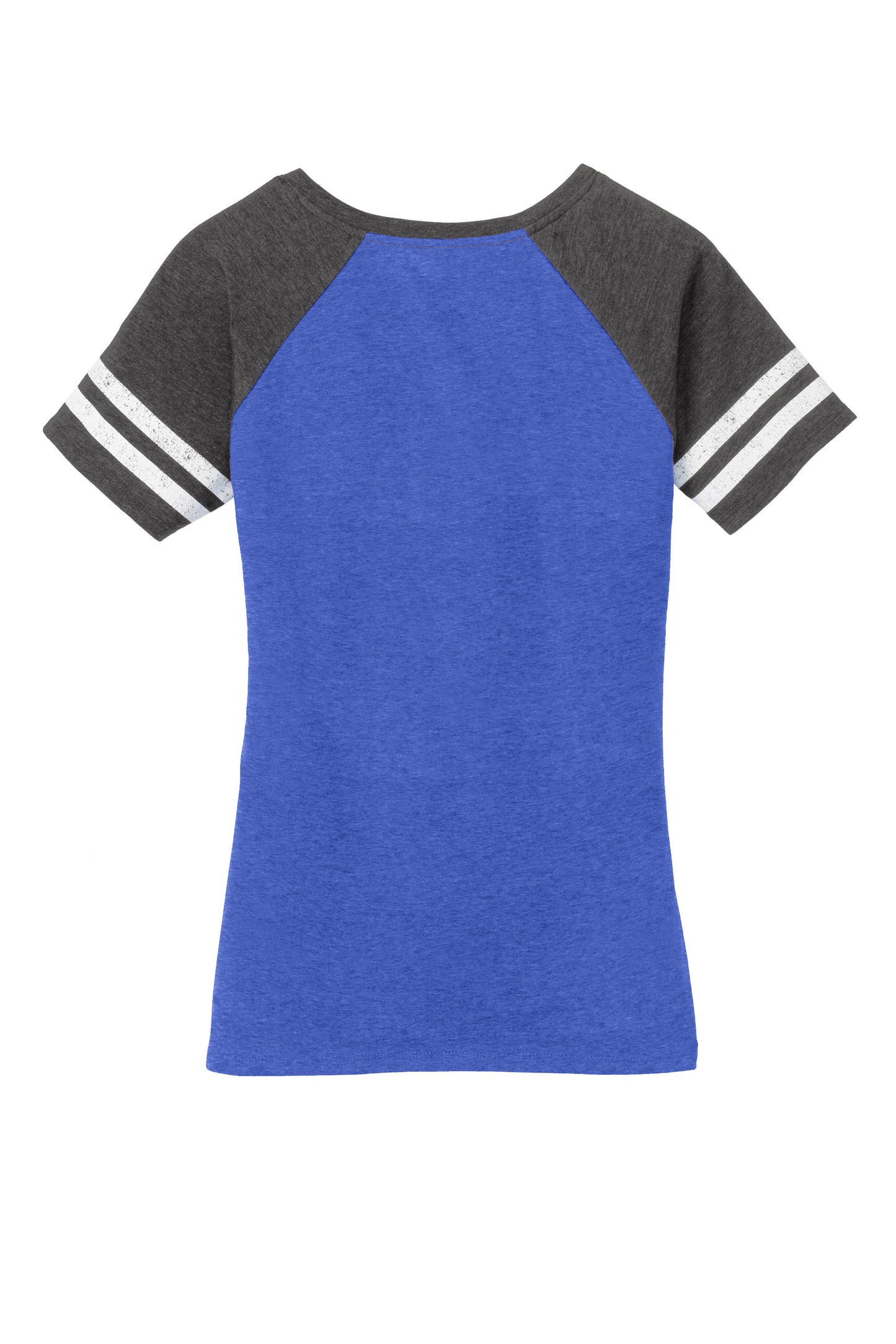 District Women’s Game V-Neck Tee in heather royal and charcoal with a flat back design, by Print-View.