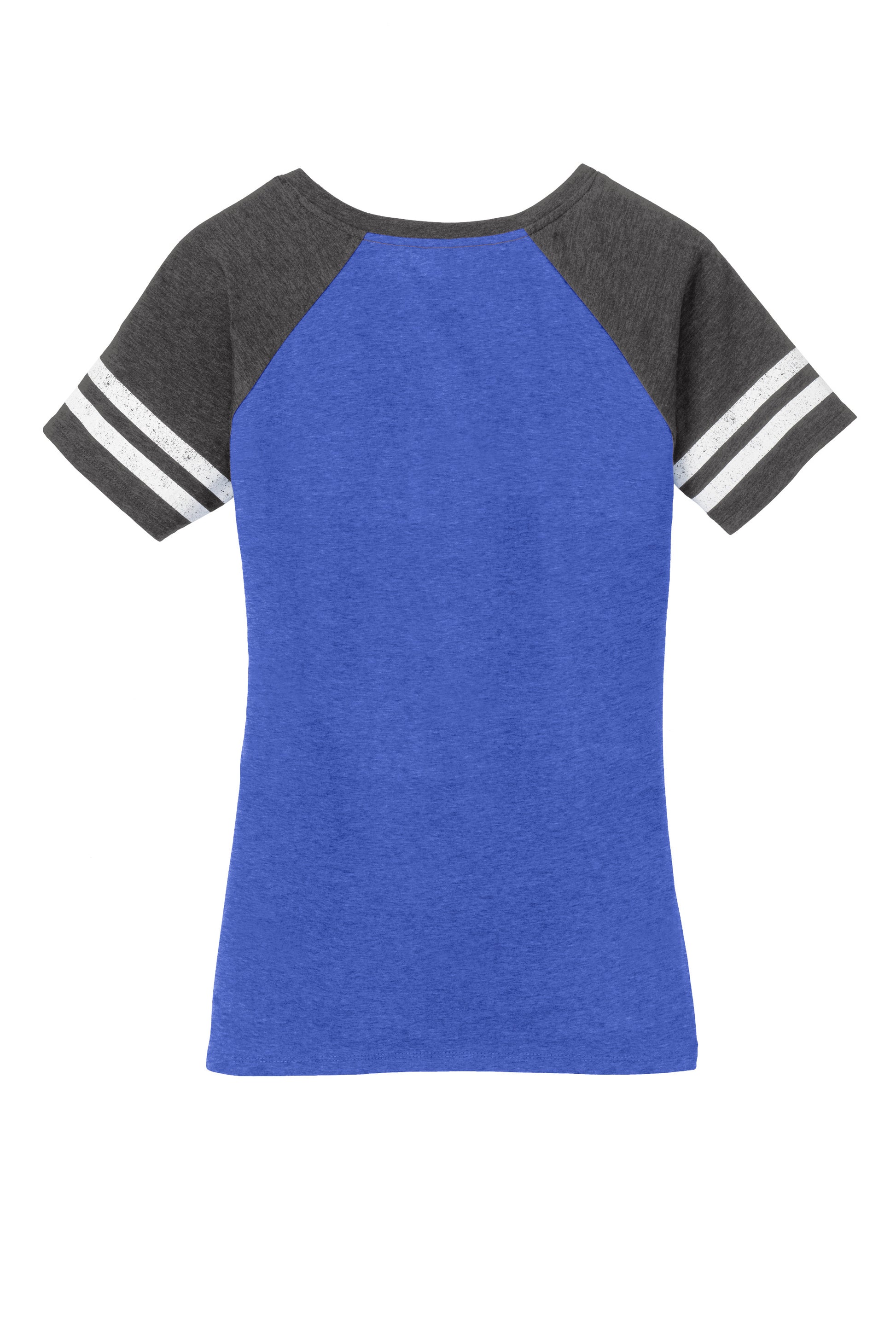 District Women’s Game V-Neck Tee in heather royal and charcoal with a flat back design, by Print-View.