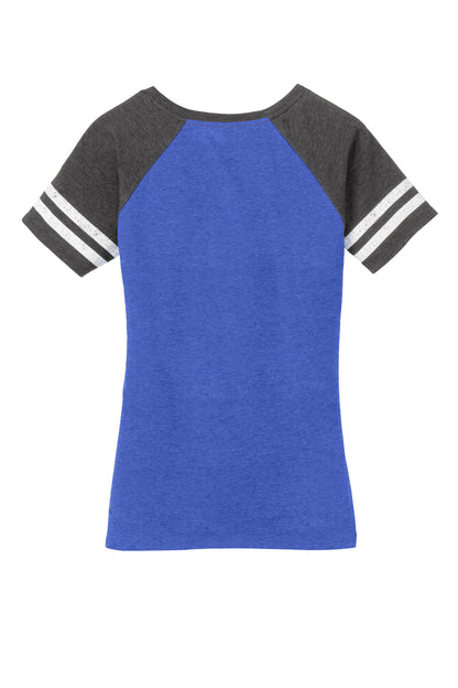 District Women’s Game V-Neck Tee in heather royal and charcoal with a flat back design, by Print-View.