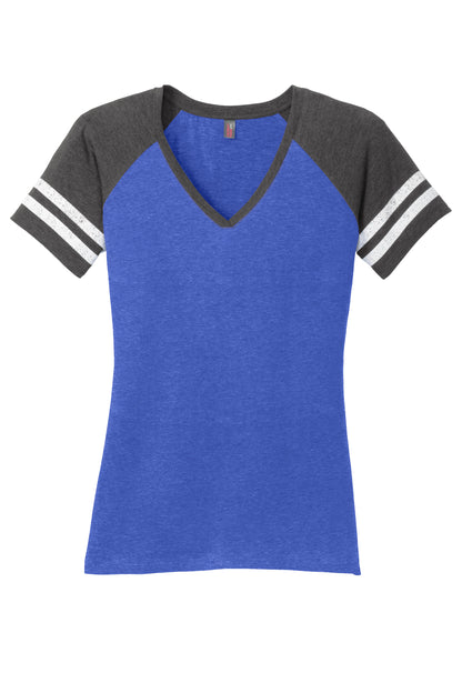 District women’s Game V-Neck Tee in royal and charcoal, flat front view showing soft cotton fabric and stylish V-neck design.