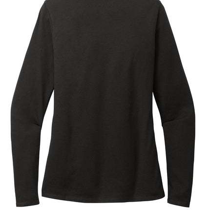 Personalized Women’s Perfect Blend CVC Long Sleeve Tee back view - black - side seamed fit and tear-away label by Print-View