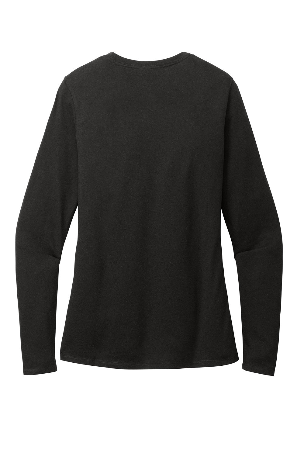 Black District Women’s Perfect Blend CVC long sleeve tee from Print-View, flat back view showing soft fabric and fitted style.
