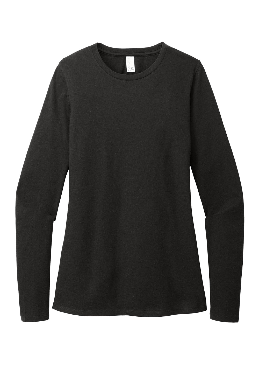 Black District Women’s Perfect Blend CVC long sleeve tee with a flat front, showcasing a comfortable, stylish women's long sleeve shirt.