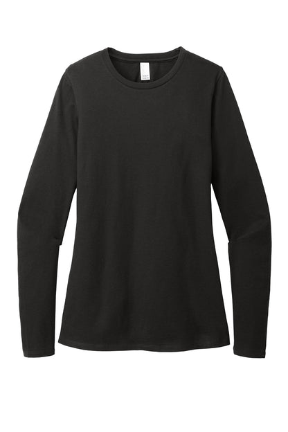 Black District Women’s Perfect Blend CVC long sleeve tee with a flat front, showcasing a comfortable, stylish women's long sleeve shirt.