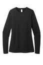 Black District Women’s Perfect Blend CVC long sleeve tee with a flat front, showcasing a comfortable, stylish women's long sleeve shirt.